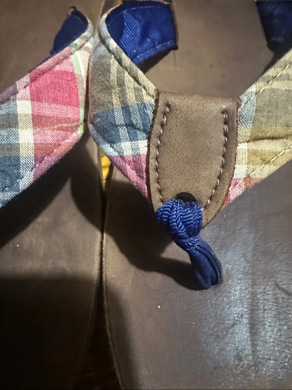 Brooks Brothers Brown Leather Flip Flops with Navy and Plaid Straps